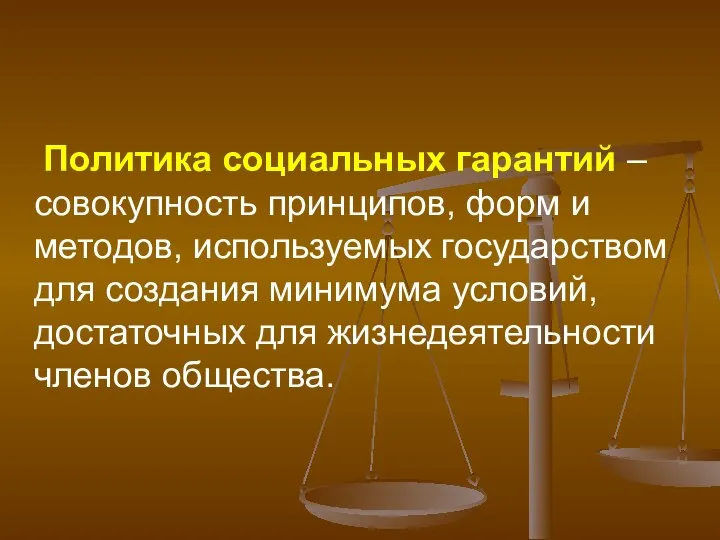 Политика социальных гарантий – совокупность принципов, форм и методов, используемых государством