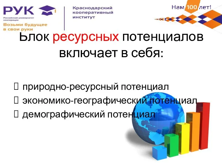 Блок ресурсных потенциалов включает в себя: природно-ресурсный потенциал экономико-географический потенциал демографический потенциал