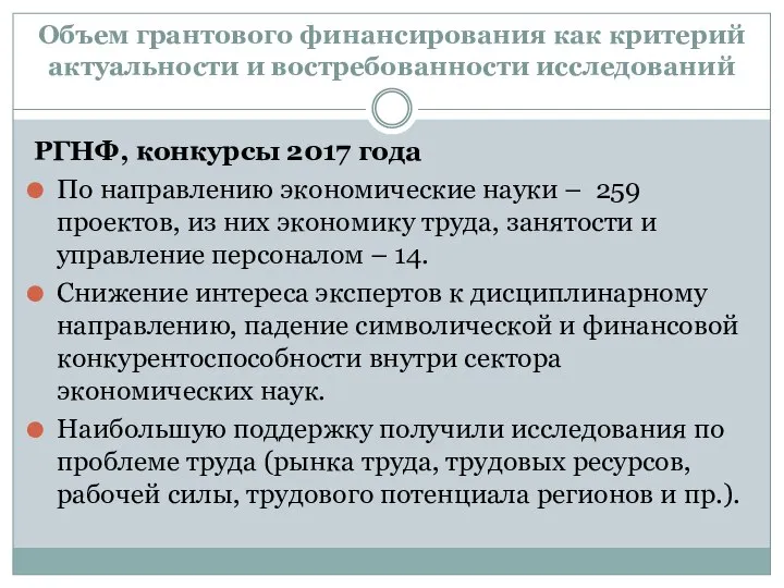 Объем грантового финансирования как критерий актуальности и востребованности исследований РГНФ, конкурсы