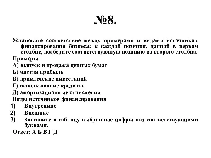 №8. Установите соответствие между примерами и видами источников финансирования бизнеса: к