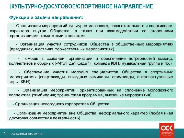 КУЛЬТУРНО-ДОСУГОВОЕ/СПОРТИВНОЕ НАПРАВЛЕНИЕ АО «СПМБМ «МАЛАХИТ» - Организация участия сотрудников Общества в