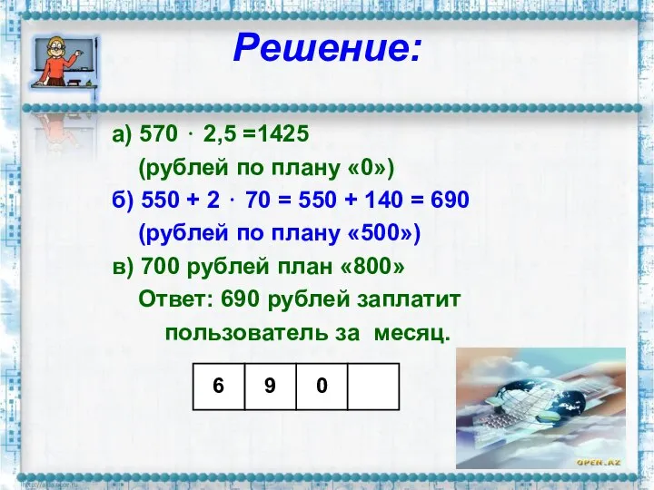 Решение: а) 570 ⋅ 2,5 =1425 (рублей по плану «0») б)