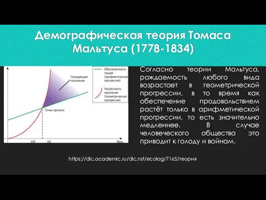 Демографическая теория Томаса Мальтуса (1778-1834) Согласно теории Мальтуса, рождаемость любого вида