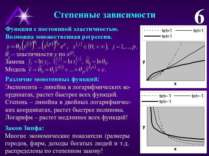 Степенные зависимости 6 Функция с постоянной эластичностью. Возможна множественная регрессия. θj