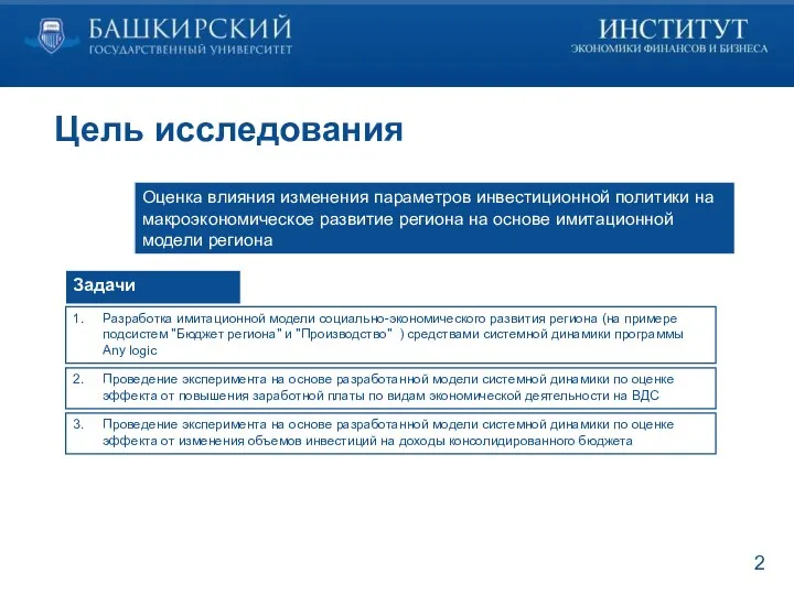 Цель исследования Оценка влияния изменения параметров инвестиционной политики на макроэкономическое развитие