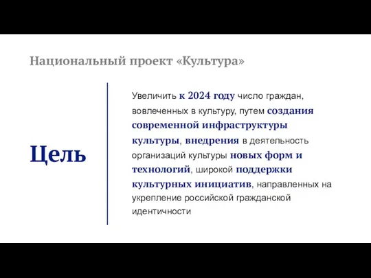 Национальный проект «Культура» Цель Увеличить к 2024 году число граждан, вовлеченных