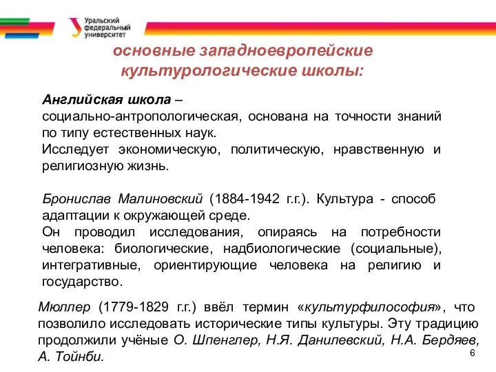 6 основные западноевропейские культурологические школы: Английская школа – социально-антропологическая, основана на