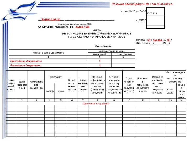 По книге регистрации № 7 от 01.01.2015 г. КНИГА РЕГИСТРАЦИИ ПЕРВИЧНЫХ