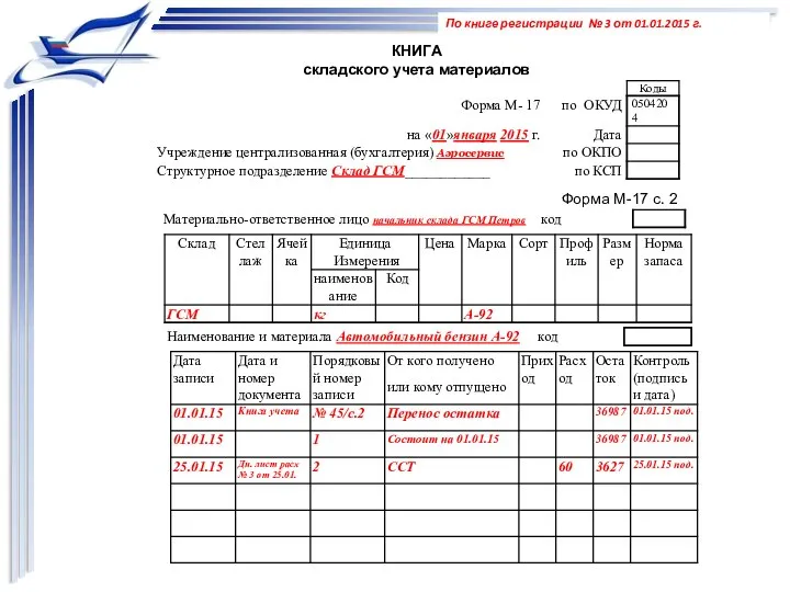 По книге регистрации № 3 от 01.01.2015 г. КНИГА складского учета материалов Форма М-17 с. 2
