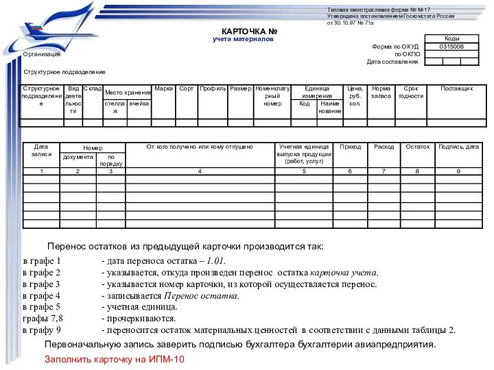 Типовая межотраслевая форма № М-17 Утверждена постановлением Госкомстата России от 30.10.97