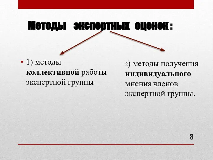 Методы экспертных оценок : 1) методы коллективной работы экспертной группы 2)