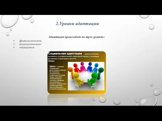 2.Уровни адаптации Адаптация происходит на трех уровнях: • физиологическом, • психологическом; • социальном.