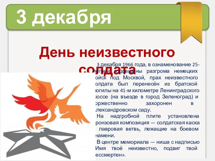 3 декабря День неизвестного солдата 3 декабря 1966 года, в ознаменование