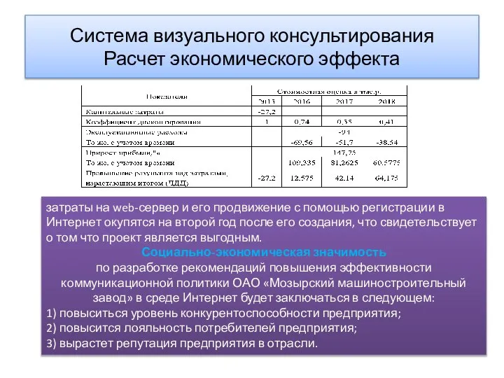 Система визуального консультирования Расчет экономического эффекта затраты на web-сервер и его