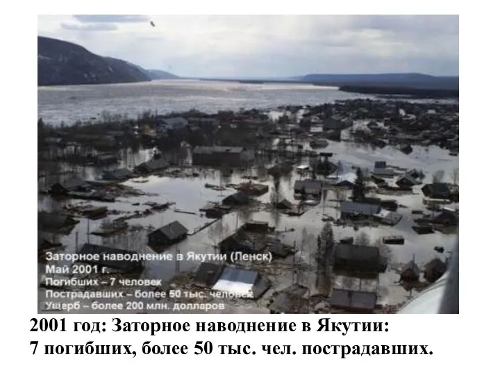 2001 год: Заторное наводнение в Якутии: 7 погибших, более 50 тыс. чел. пострадавших.