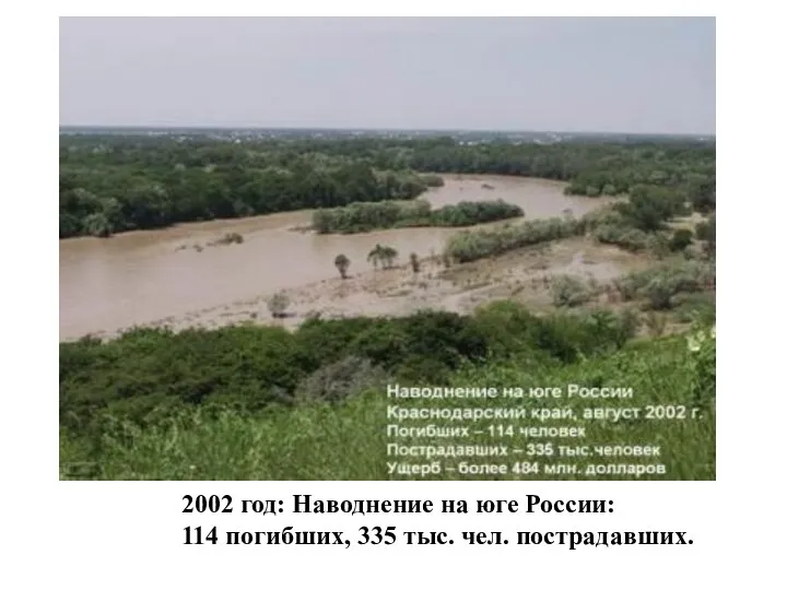 2002 год: Наводнение на юге России: 114 погибших, 335 тыс. чел. пострадавших.