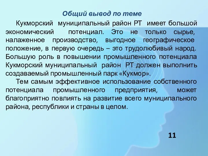 Общий вывод по теме Кукморский муниципальный район РТ имеет большой экономический