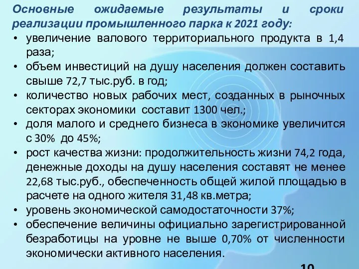 Основные ожидаемые результаты и сроки реализации промышленного парка к 2021 году: