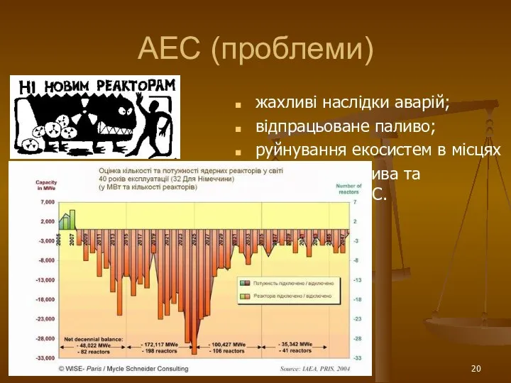 жахливі наслідки аварій; відпрацьоване паливо; руйнування екосистем в місцях добування палива та розміщення АЕС. АЕС (проблеми)