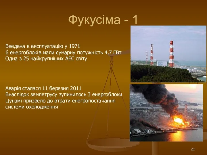 Фукусіма - 1 Введена в експлуатацію у 1971 6 енергоблоків мали