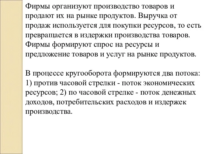 Фирмы организуют производство товаров и продают их на рынке продуктов. Выручка