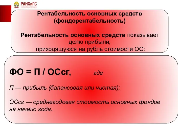 Рентабельность основных средств (фондорентабельность) Рентабельность основных средств показывает долю прибыли, приходящуюся