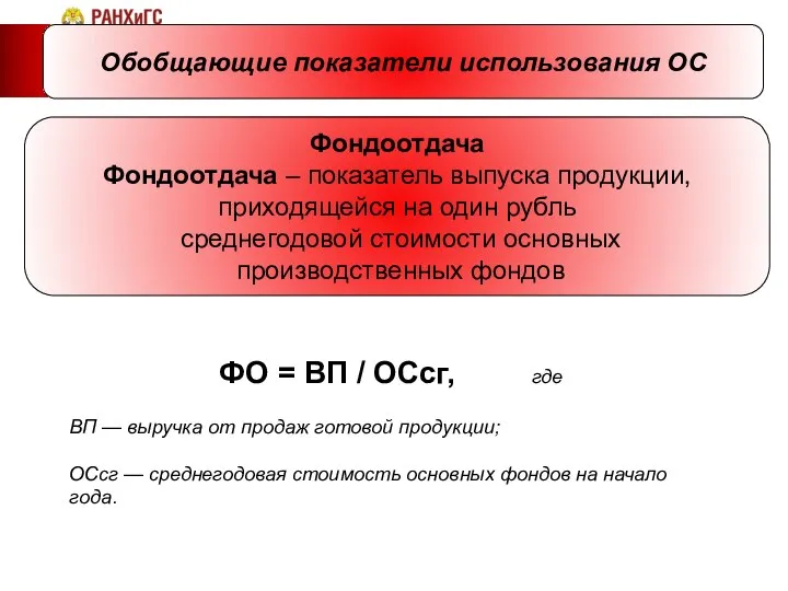 Обобщающие показатели использования ОС Фондоотдача Фондоотдача – показатель выпуска продукции, приходящейся