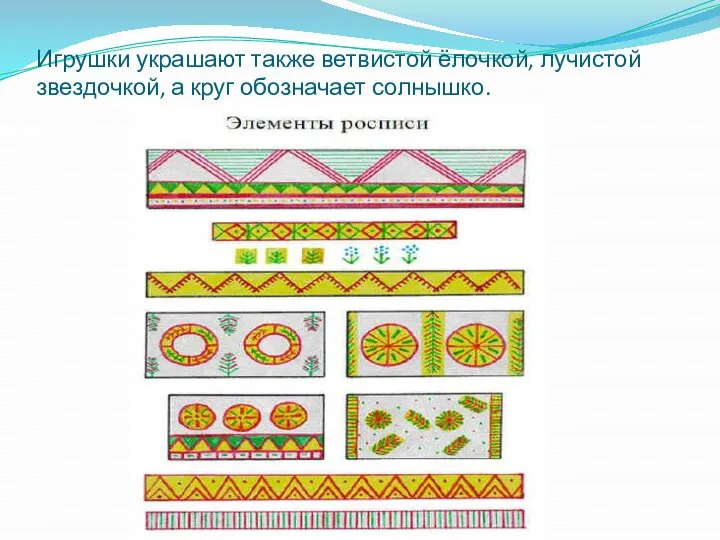 Игрушки украшают также ветвистой ёлочкой, лучистой звездочкой, а круг обозначает солнышко.