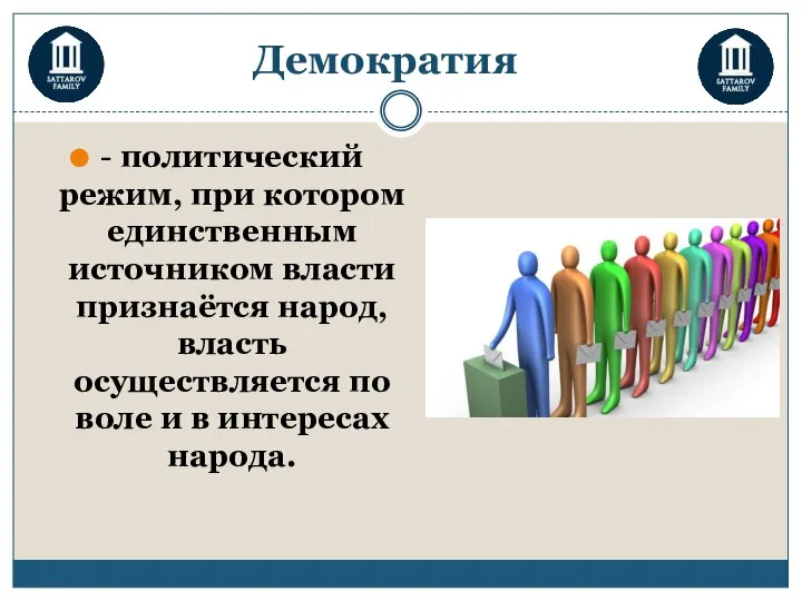 Демократия - политический режим, при котором единственным источником власти признаётся народ,