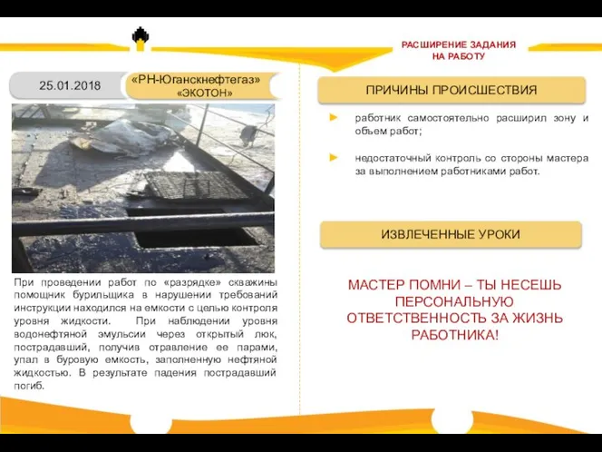 ИЗВЛЕЧЕННЫЕ УРОКИ 25.01.2018 «РН-Юганскнефтегаз» «ЭКОТОН» ПРИЧИНЫ ПРОИСШЕСТВИЯ работник самостоятельно расширил зону