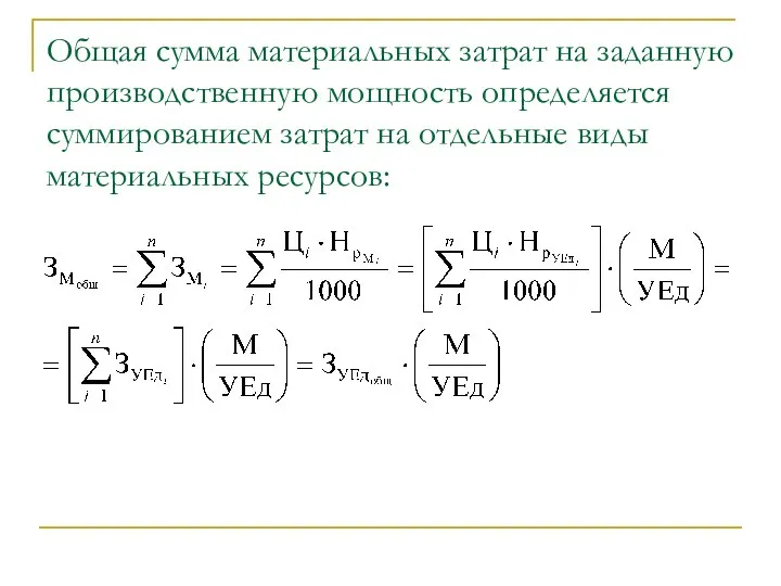 Общая сумма материальных затрат на заданную производственную мощность определяется суммированием затрат на отдельные виды материальных ресурсов: