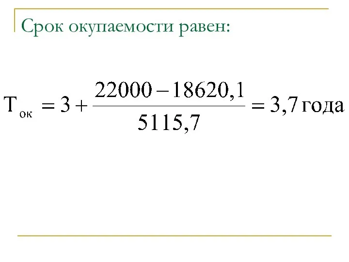 Срок окупаемости равен: