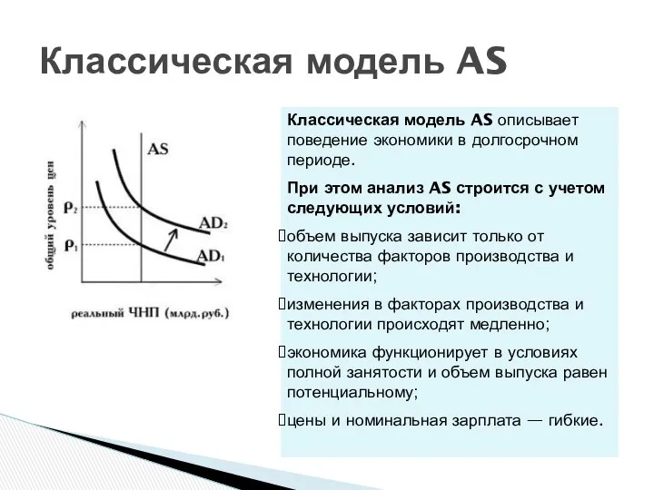 Классическая модель AS Классическая модель AS описывает поведение экономики в долгосрочном