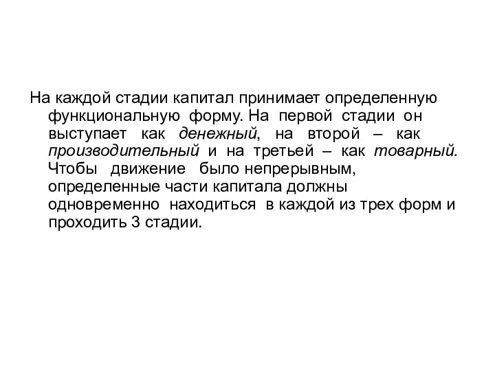 На каждой стадии капитал принимает определенную функциональную форму. На первой стадии