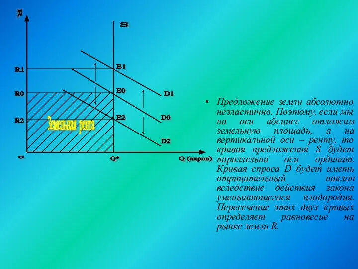 Предложение земли абсолютно неэластично. Поэтому, если мы на оси абсцисс отложим