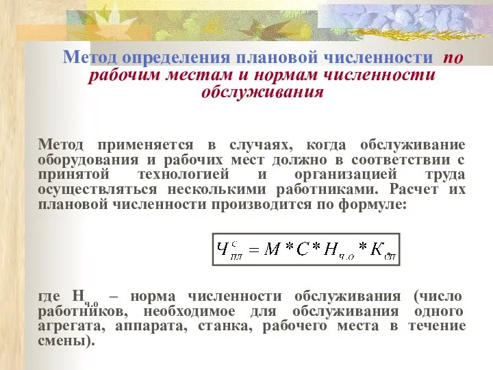 Метод определения плановой численности по рабочим местам и нормам численности обслуживания