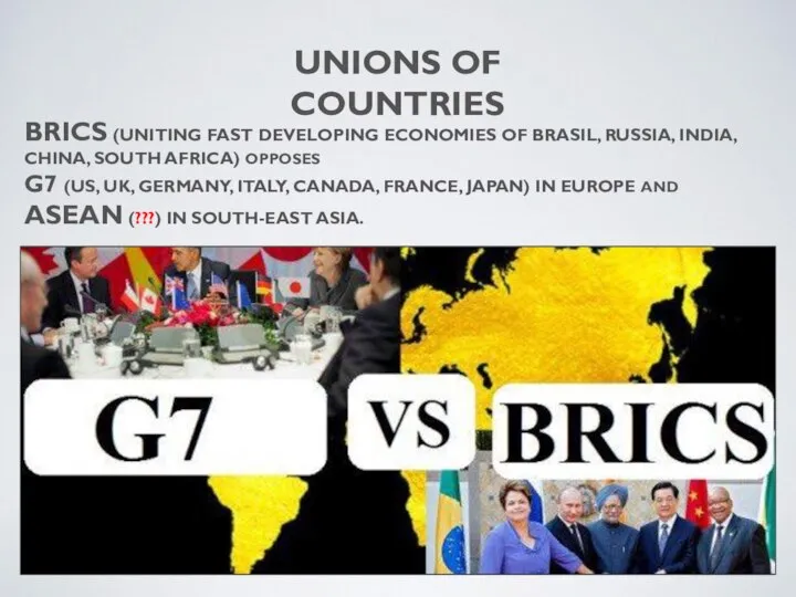 BRICS (UNITING FAST DEVELOPING ECONOMIES OF BRASIL, RUSSIA, INDIA, CHINA, SOUTH