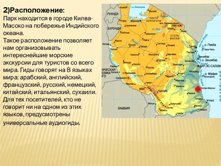 2)Расположение: Парк находится в городе Килва-Масоко на побережье Индийского океана. Такое