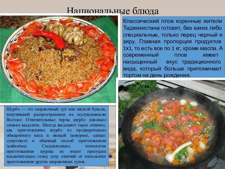 Национальные блюда Шурбо — это заправочный суп или мясной бульон, получивший