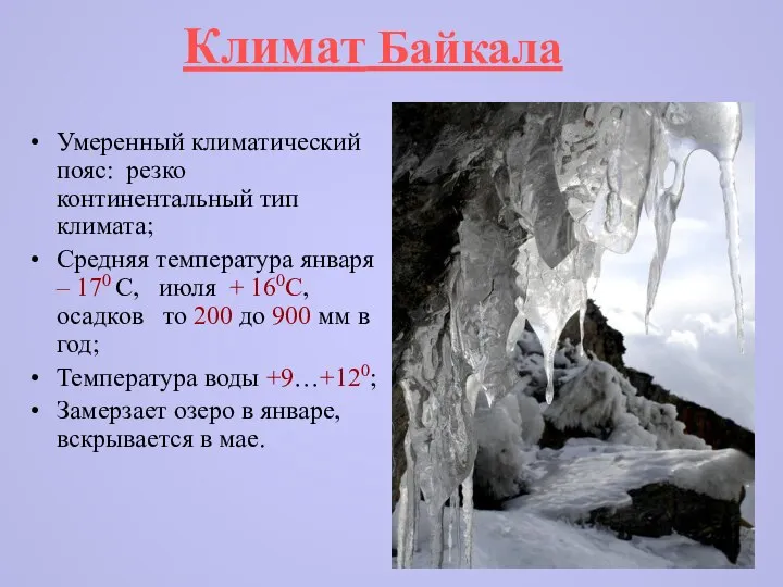 Климат Байкала Умеренный климатический пояс: резко континентальный тип климата; Средняя температура