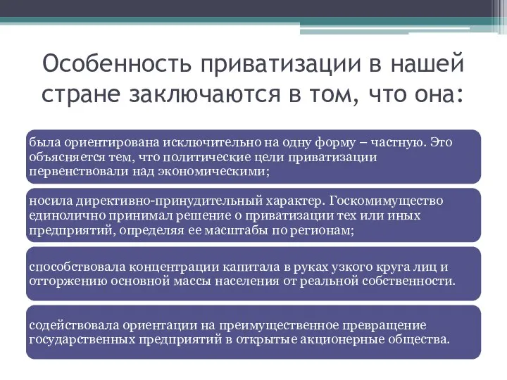 Особенность приватизации в нашей стране заключаются в том, что она: