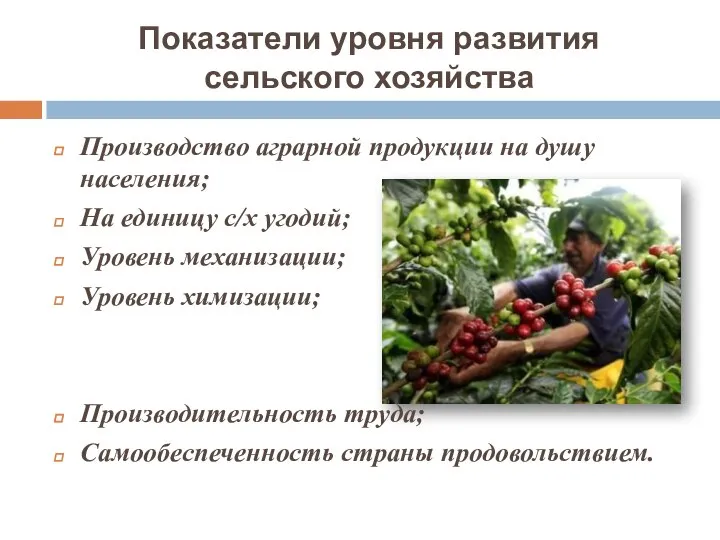 Показатели уровня развития сельского хозяйства Производство аграрной продукции на душу населения;