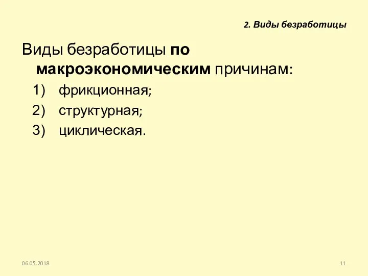 Виды безработицы по макроэкономическим причинам: фрикционная; структурная; циклическая. 06.05.2018 2. Виды безработицы