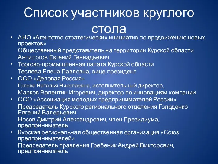 Список участников круглого стола АНО «Агентство стратегических инициатив по продвижению новых