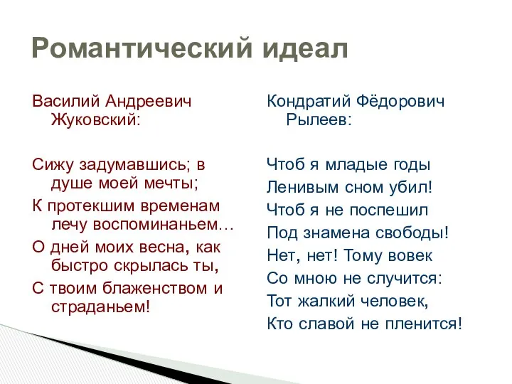 Романтический идеал Василий Андреевич Жуковский: Сижу задумавшись; в душе моей мечты;