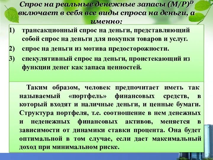 Спрос на реальные денежные запасы (М/Р)D включает в себя все виды