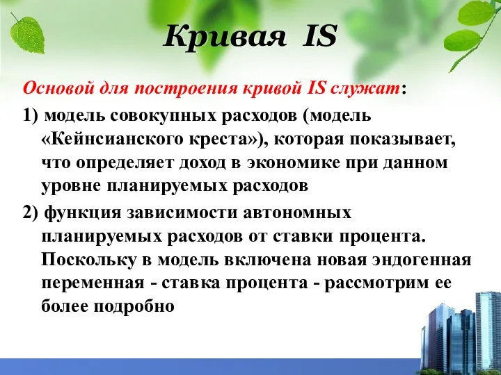 Кривая IS Основой для построения кривой IS служат: 1) модель совокупных