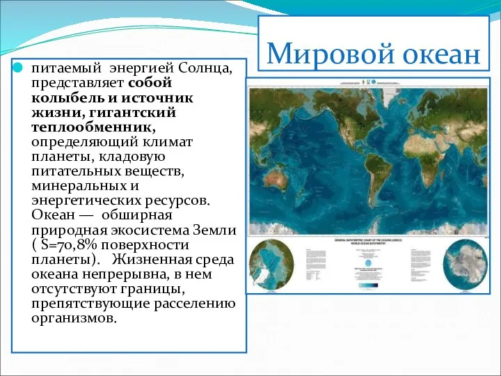 Мировой океан питаемый энергией Солнца, представляет собой колыбель и источник жизни,