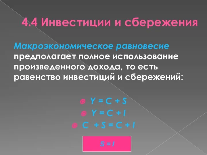 4.4 Инвестиции и сбережения Макроэкономическое равновесие предполагает полное использование произведенного дохода,