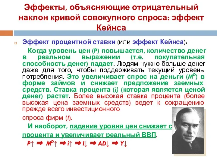 Эффекты, объясняющие отрицательный наклон кривой совокупного спроса: эффект Кейнса Эффект процентной